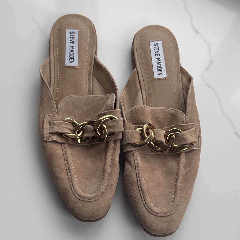 Steve Madden Taupe Suede Chain-Trim Mules